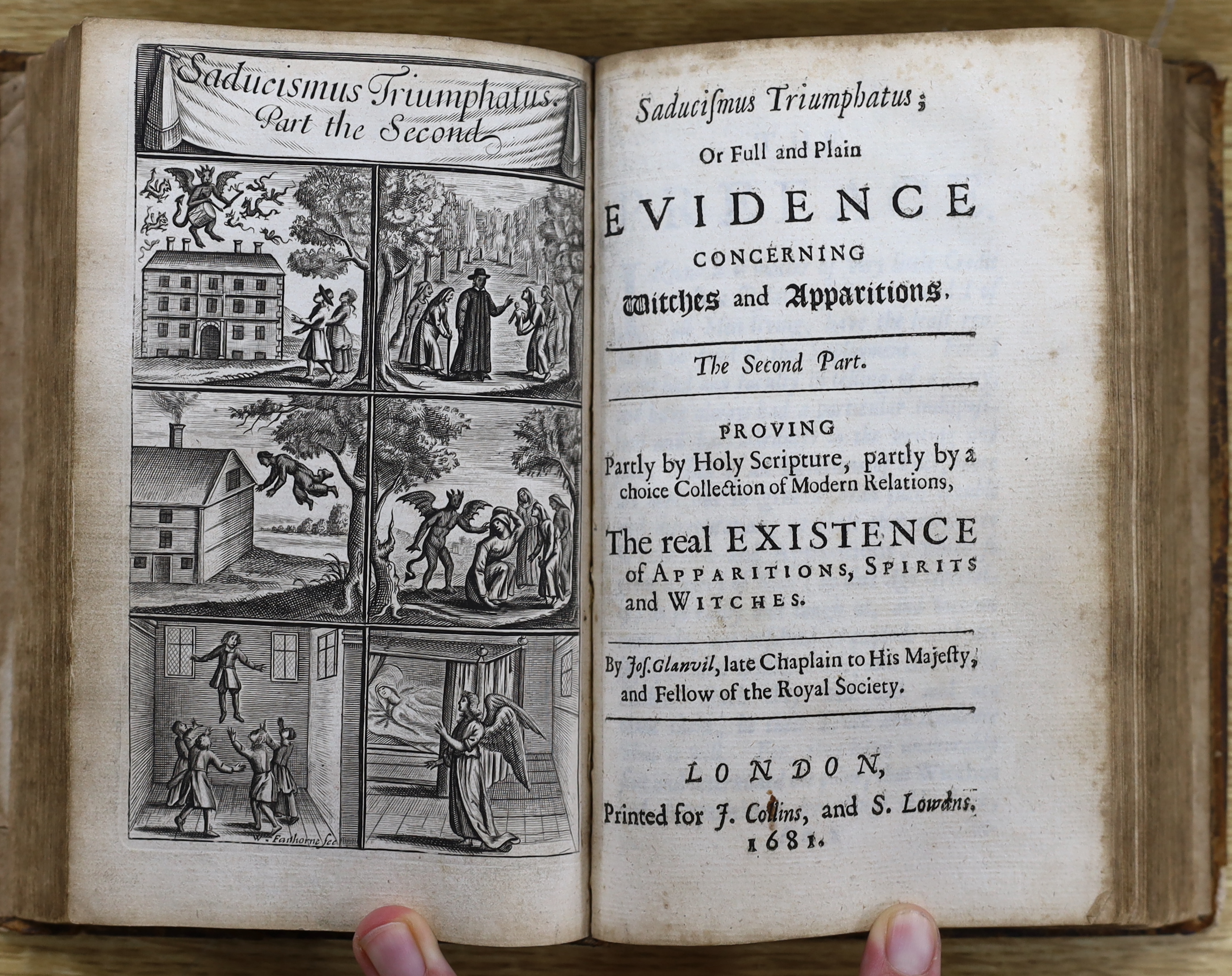 Glanvil[l] - Joseph - Saducismus Triumphatus: or, Full and Plain Evidence concerning Witches and Apparitions, in 2 parts, in one vol, calf, rebacked, with one only (of 2) engraved frontispieces to 2nd part, by Faithorne,